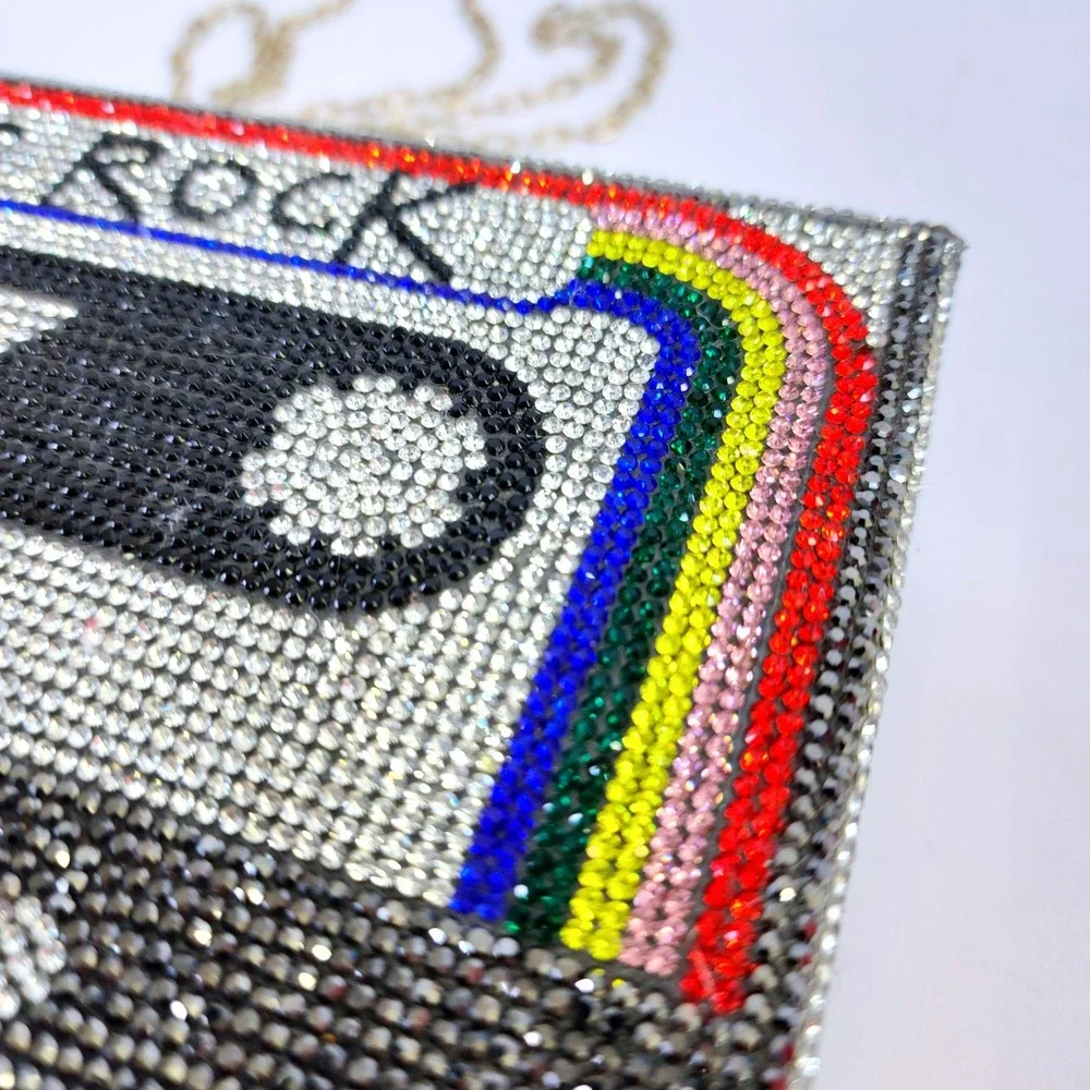 80s Rock Cassette Tape Rhinestone Box Clutch Bag  Crystal Minaudiere Retro
